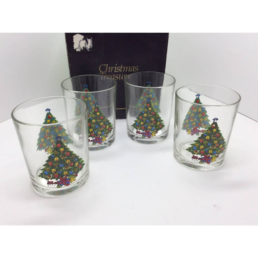 Vintage 1986 Christmas Treasure Old-Fashioned Tumblers Set of 4